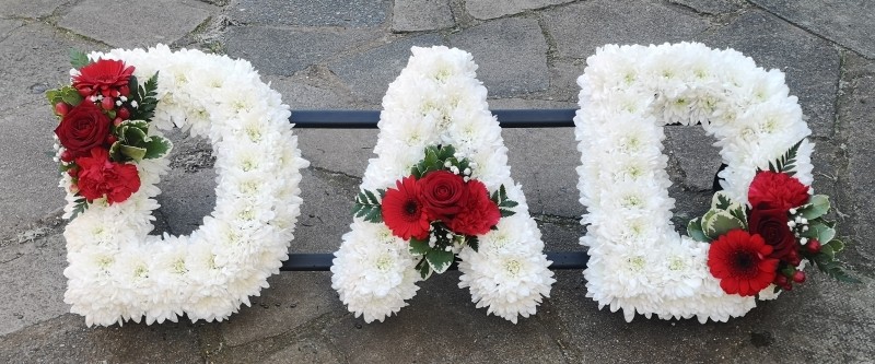 letters, name, dad, daddy, daddie, dadi, funeral flowers, oasis, tribute, wreath, harold wood, romford, havering, delivery