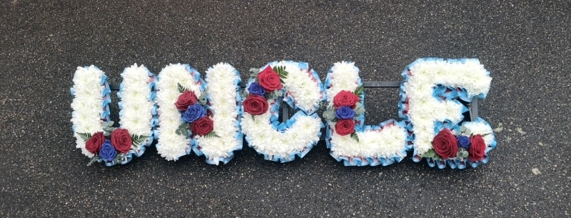 letters, name,uncle, unc,  funeral flowers, oasis, tribute, wreath, harold wood, romford, havering, delivery