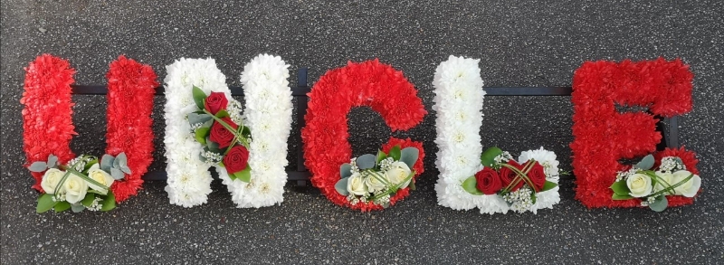 letters, name,uncle, unc,  funeral flowers, oasis, tribute, wreath, harold wood, romford, havering, delivery