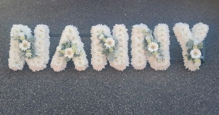 letters, name, nan, nanny, nani, nannie  funeral flowers, oasis, tribute, wreath, harold wood, romford, havering delivery