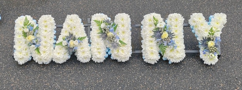 letters, name, nan, nanny, nani, nannie  funeral flowers, oasis, tribute, wreath, harold wood, romford, havering delivery