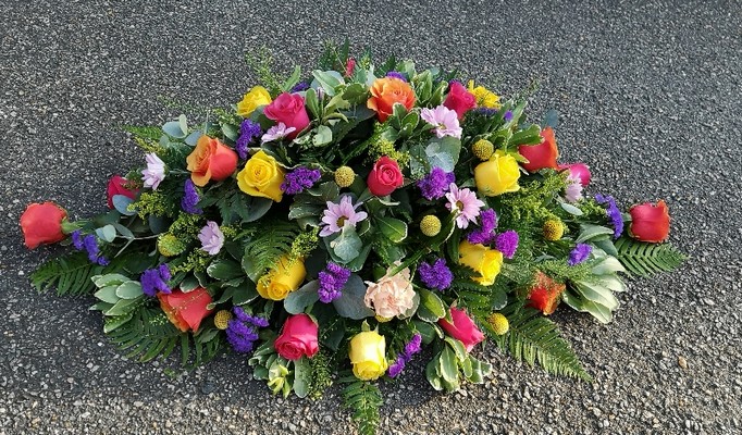 funeral flowers, spray, oasis, roses, colourful, sympathy, male, female, harold wood florist, delivery, romford