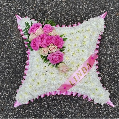 cushion, pillow, posy, posies, sleep tight, man, male, woman, female, funeral, tribute, wreath, flowers, florist, delivery, harold wood, romford, havering