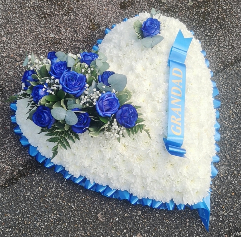 heart, colourful, white, blue, roses, male, female, funeral, tribute, wreath, flowers, florist, delivery, harold wood, romford havering