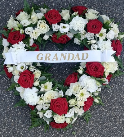 open heart, heart, red, white, male, female, funeral, tribute, wreath, oasis, flowers, florist, delivery, harold wood, romford havering, brentwood, dagenham,