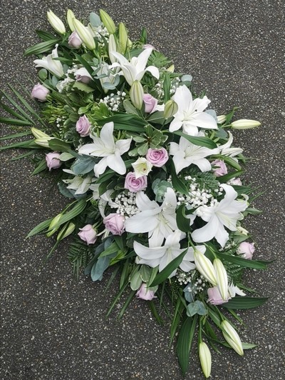 casket, coffin, spray, lily, lilies, white, pink, lilac, roses, male, female, funeral, tribute, flowers, oasis, harold wood, romford, havering, delivery