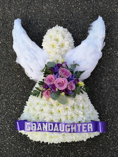 angels, angel, wings, angelic, religious, angelwings, feathers, posy, posies, funeral, tribute, wreath, oasis,  flowers, florist, delivery, harold wood, romford, havering, south essex, dagenham