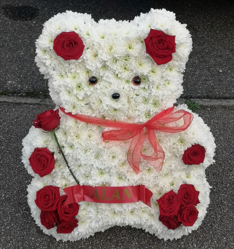 teddy, teddy bear, funeral flowers, tribute, baby, bear, florist, harold wood, romford , havering, delivery, funeral 