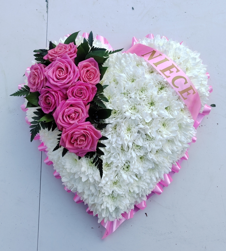 heart, roses, pink, female, funeral, tribute, wreath, flowers, florist, delivery, harold wood, romford, havering, brentwood, dagenham,