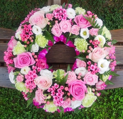 wreath, circle, pink, white, oasis, funeral, tribute, flowers, harold wood, romford, florist, delivery