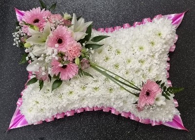 cushion, pillow, posy, posies, pink, pastels, white, funeral, tribute, wreath, oasis, flowers, florist, delivery, harold wood, romford, havering