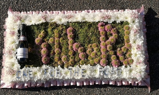 one for the road, one last drink, funeral flowers, tribute, wreath, posy, one last beer, romford, harold wood, havering, delivery, florist, flowers, sympathy