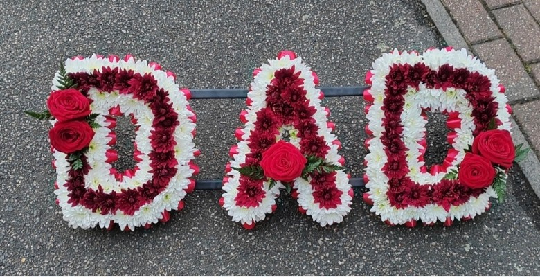 letters, name, dad, daddy, daddie, dadi  funeral flowers, oasis, tribute, wreath, harold wood, romford, havering, delivery