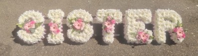 Sister, big, letters, name, little, sis, letter, funeral, tribute, wreath, oasis, flowers, harold wood, romford, florist, delivery, brentwood, dagenham
