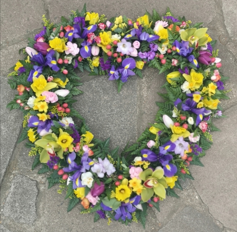 heart, colourful, male, female, spring flowers, springtime, spring, funeral, tribute, wreath, flowers, florist, delivery, harold wood, romford havering
