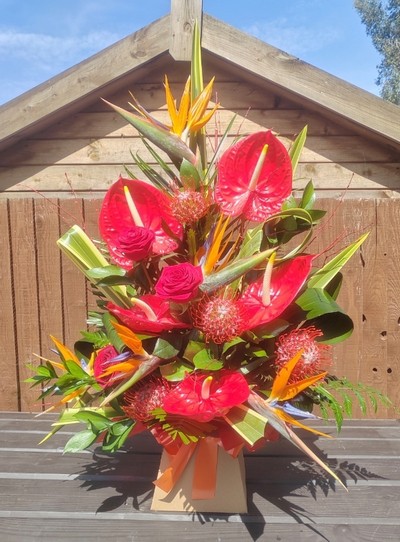 tropical, birds of paradise, protea, ginger, bouquet, handtie, flowers, gift, bunch, florist, birthday, anniversary, harold wood, romford, havering, delivery