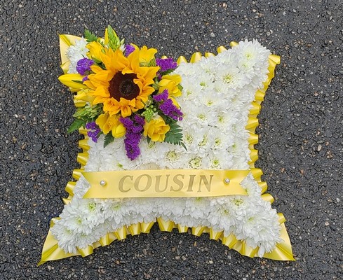 cushion, pillow, posy, posies, blue, yellow, white, man, male, woman, female, funeral, tribute, wreath, flowers, florist, delivery, harold wood, romford, havering