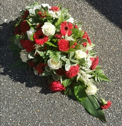 funeral flowers, spray, oasis, colourful, red roses, white roses, harold wood florist, delivery, romford