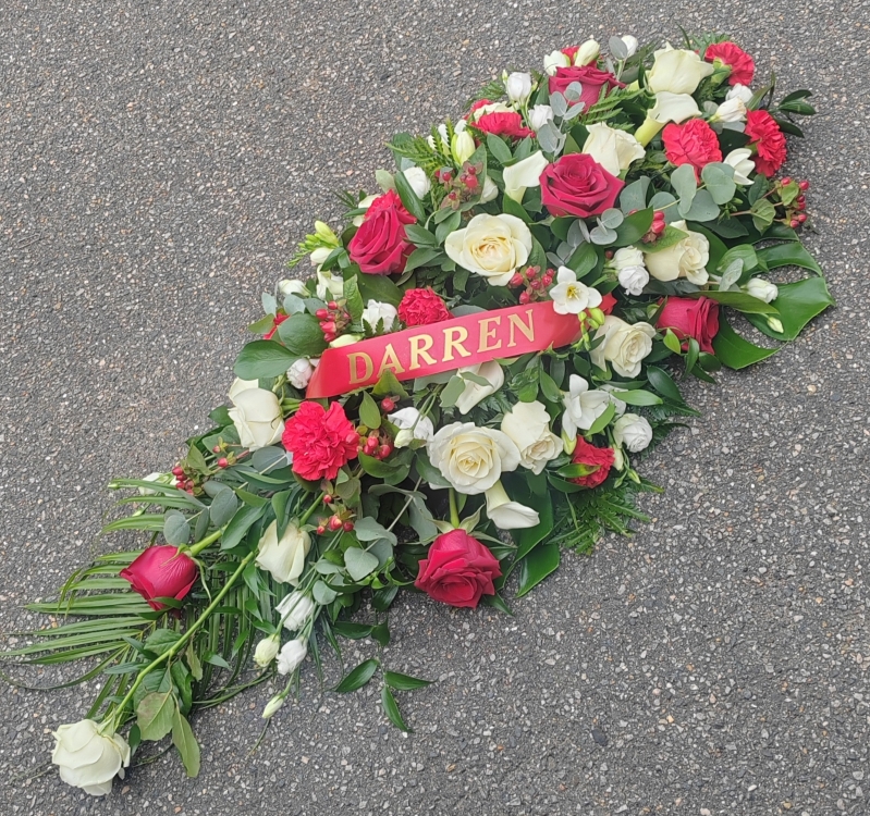 funeral flowers, spray, oasis, colourful, red roses, white roses, harold wood florist, delivery, romford