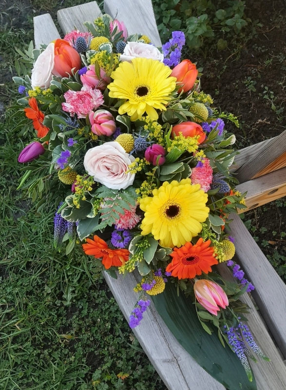 funeral flowers, spray, oasis, colourful, harold wood florist, delivery, romford