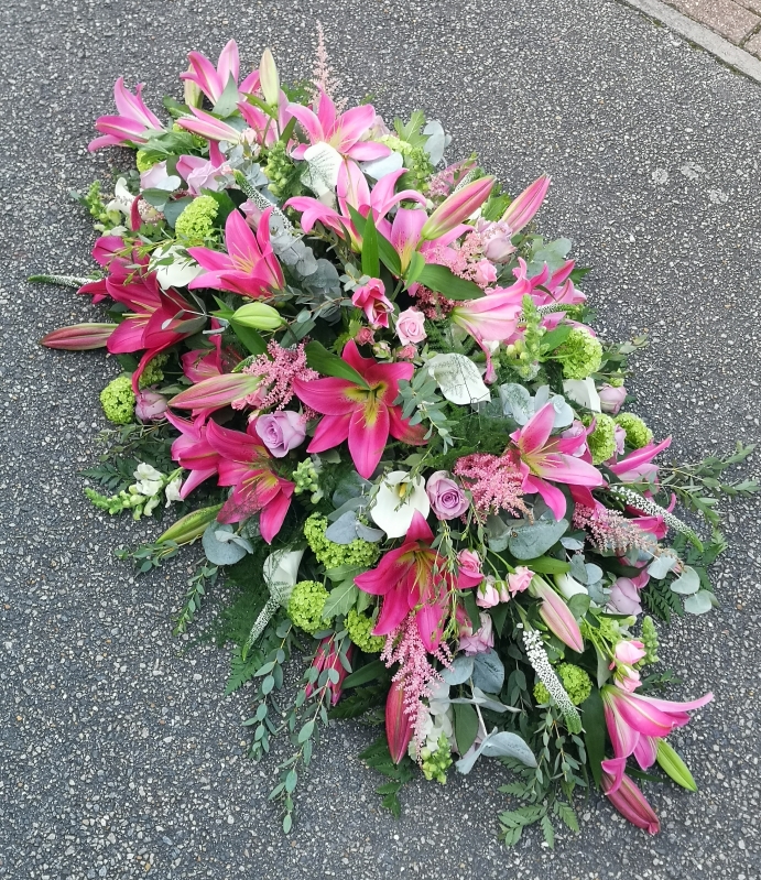 coffin, spray. casket, tribute, flowers, funeral, lily, lilies, pink, divine, deluxe, florist, harold wood, romford, havering, delivery