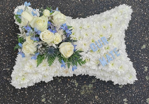 cushion, pillow, posy, posies, blue, pastels, white, funeral, tribute, wreath, flowers, florist, delivery, harold wood, romford, havering