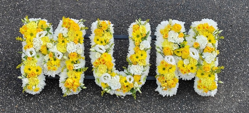 letters, name, mum, mummy, pinks, yellows, whites, mother,  funeral flowers, oasis, tribute, wreath,delivery, harold wood, romford, havering