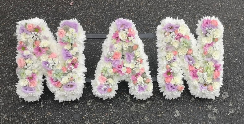 letters, name, nan, nanny, nani, nannie  funeral flowers, oasis, tribute, wreath, harold wood, romford, havering delivery