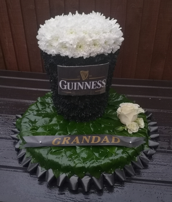 beer, ale, pint, fosters, guinness, stella, glass, 3D, drink, flowers, funeral, tribute, oasis, wreath, harold wood, romford, havering, delivery