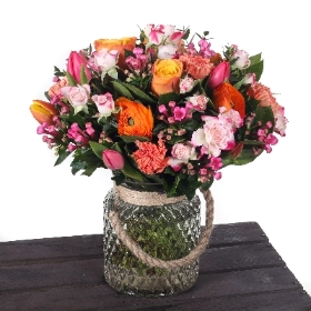 vase, arrangement, peach, orange, pink, roses, bouvadia, freesia, flowers, gift, florist, harold wood, romford, havering, delivery