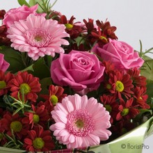 Red and pink bouquet with gerberas, chrysanthemums and roses