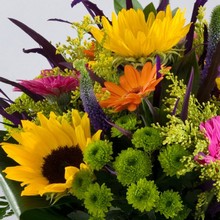 Pink yellow orange green flowers in a glass vase