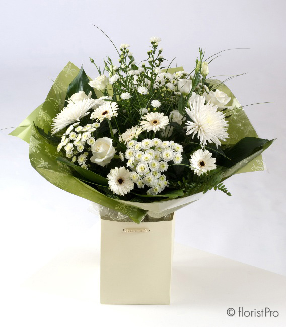 Pure white bouquet in aqua pack gift bag or box