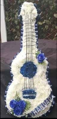 Acoustic, guitar, funeral, flowers, tribute, wreath, wood, white, strings, music, musician, bespoke, oasis, harold wood, romford, havering, delivery