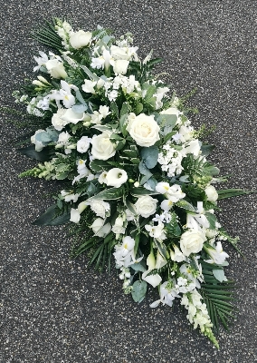 casket, coffin, spray, all, white, male, female, roses, funeral, tribute, flowers, oasis, harold wood, romford, havering, delivery
