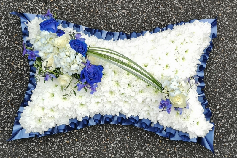 cushion, pillow, posy, posies, blue, pastels, white, funeral, tribute, wreath, flowers, florist, delivery, harold wood, romford, havering