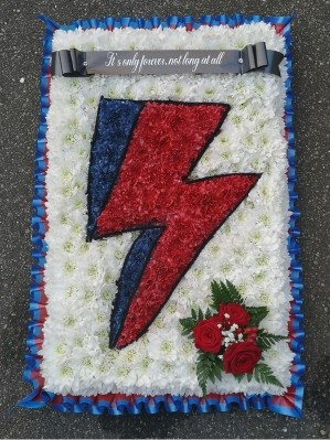 David, Bowie, Ziggy, Stardust, labyrinth, flash, lightening, bolt, funeral, flowers, tribute, oasis, bespoke, harold wood, florist, romford, delivery