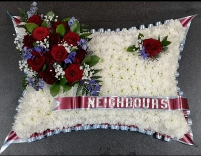 cushion, pillow, posy, posies, blue, pastels, neighbours, white, funeral, tribute, wreath, flowers, florist, delivery, harold wood, romford, havering