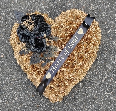 heart, gold, black, sympathy, funeral, tribute, wreath, oasis, flowers, florist, delivery, harold wood, romford, havering