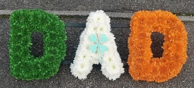 letters, name, dad, irish, ireland, flag, orange green white, funeral flowers, tribute, wreath, harold wood, romford, havering