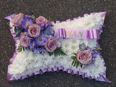 cushion, pillow, posy, posies, lilac, nonna, purple, pastels, white, funeral, tribute, wreath, flowers, florist, delivery, harold wood, romford, havering