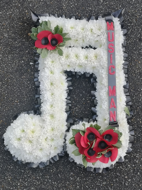Music, musical, note, single, double, treble, clef, funeral, sympathy, wreath, oasis, tribute, flowers, florist, harold wood, romford, havering, delivery
