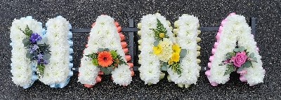 letters, name, nan, nanny, nani, nannie  funeral flowers, oasis, tribute, wreath, harold wood, romford, havering delivery