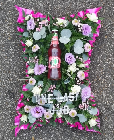 one for the road, one last drink, funeral flowers, drink, tribute, wreath, posy, one last bottle, florist, romford, harold wood, havering, deliveryeer, romford, harold wood, havering, delivery, florist, flowers, sympathy