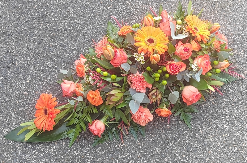 funeral flowers, spray, orange, white, funeral, tribute, wreath, oasis, flowers, florist, delivery, harold wood, romford havering