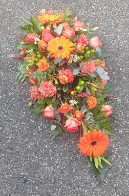 funeral flowers, spray, orange, white, funeral, tribute, wreath, oasis, flowers, florist, delivery, harold wood, romford havering