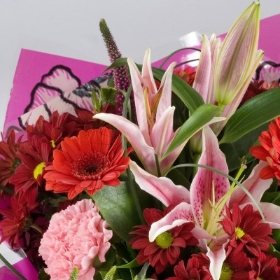 pink lily red chrysanthemum bouquet aqua pack flowers florist harold wood romford same day delivery