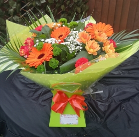 orange bouquet roses gerberas bright green chrysanthemum flowers florist harold wood romford