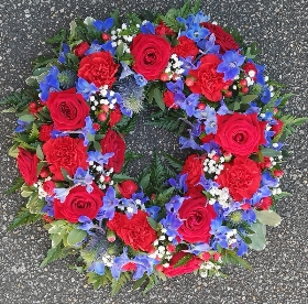 wreath, red, claret, blue, circle, irons, hammers, man, male, oasis, funeral, tribute, flowers, harold wood, romford, florist, delivery, havering