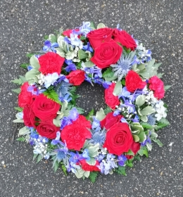 wreath, red, claret, blue, circle, irons, hammers, man, male, oasis, funeral, tribute, flowers, harold wood, romford, florist, delivery, havering